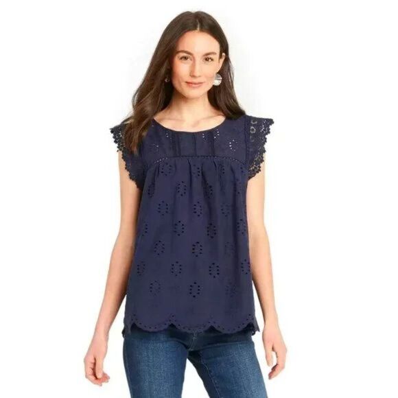 Knox Rose Tops - Knox Rose Women's Eyelet Ruffle Sleeveless Blouse Navy Size Small